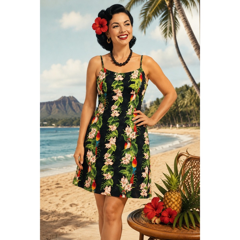 Ho Aloha Mini Dress Womens XL Black Tropical Parrot Floral Rockabilly Hawaiian